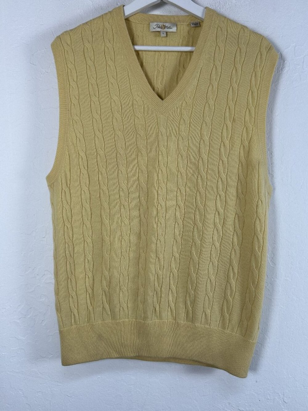 Peter Millar Mens Large Yellow Cable Knit Cashmere V-Neck Pullover Sweater Vest